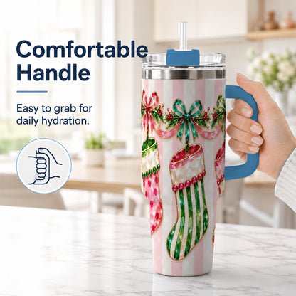#pl[40oz|Blue] Jeweled Stockings 40oz Tumbler with Handle, Christmas Travel Cup