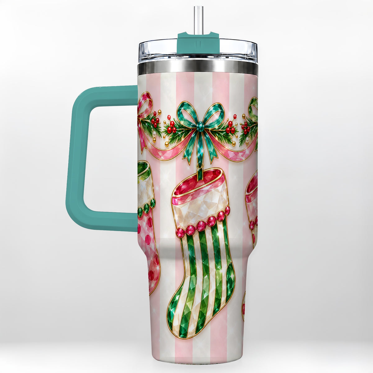 #pl[40oz|Green] Jeweled Stockings 40oz Tumbler with Handle, Christmas Travel Cup