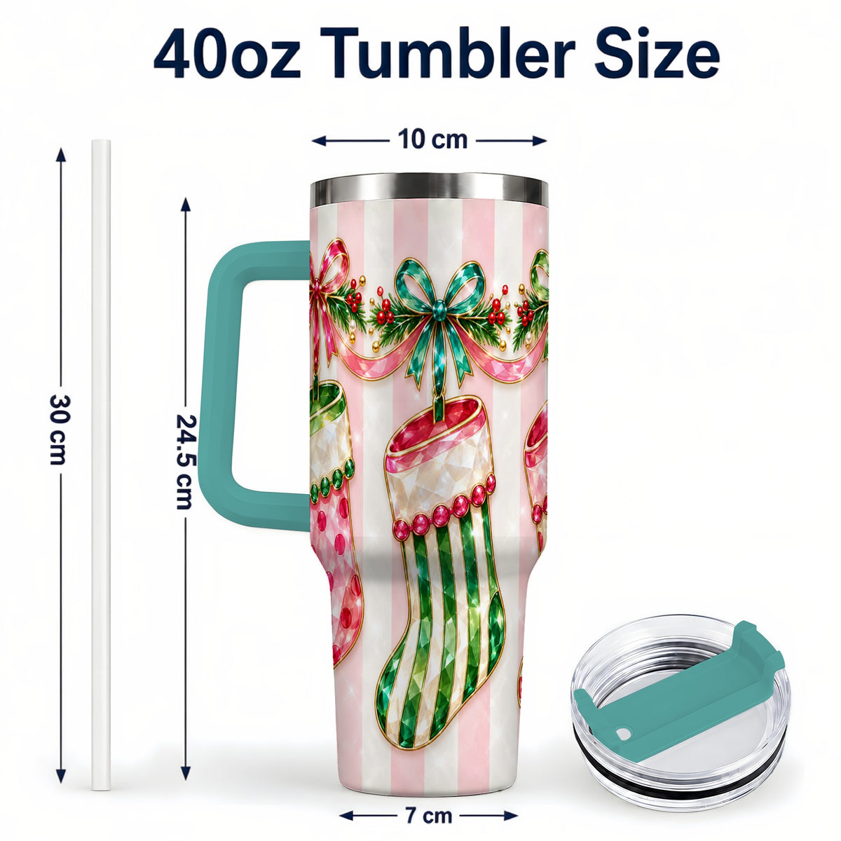 #pl[40oz|Green] Jeweled Stockings 40oz Tumbler with Handle, Christmas Travel Cup