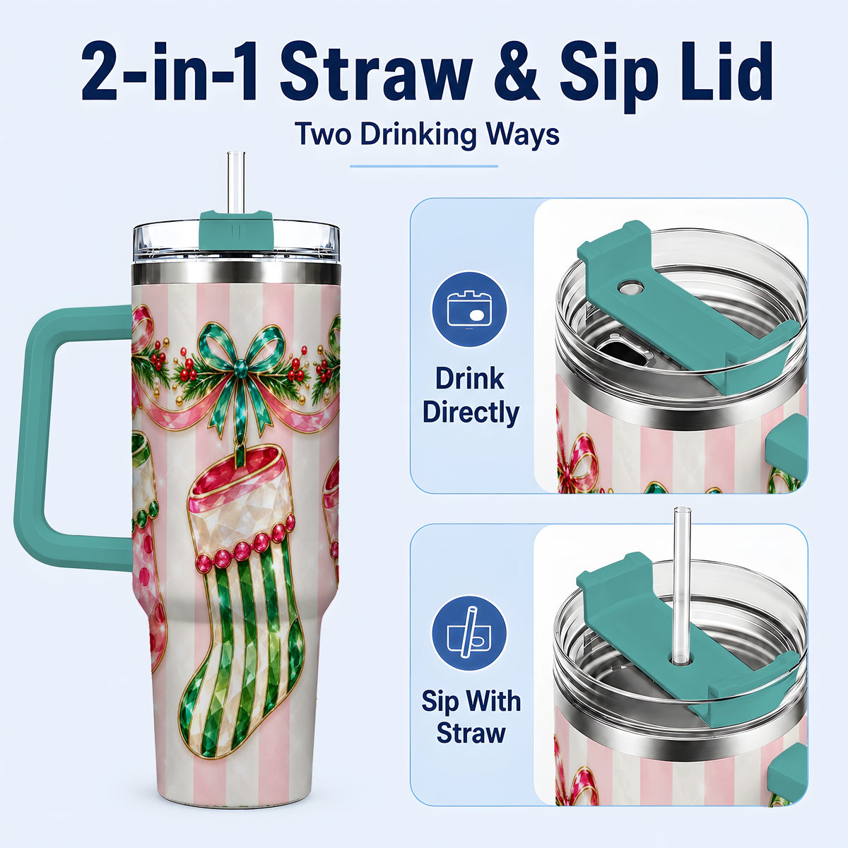 #pl[40oz|Green] Jeweled Stockings 40oz Tumbler with Handle, Christmas Travel Cup
