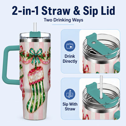 #pl[40oz|Green] Jeweled Stockings 40oz Tumbler with Handle, Christmas Travel Cup