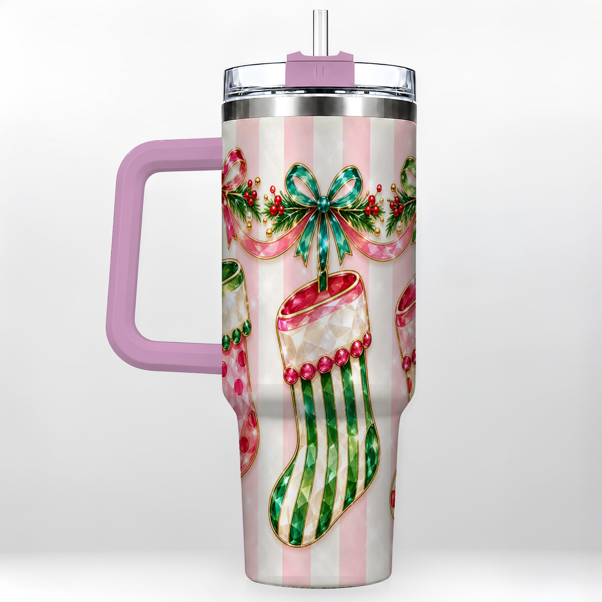 #pl[40oz|Pink] Jeweled Stockings 40oz Tumbler with Handle, Christmas Travel Cup