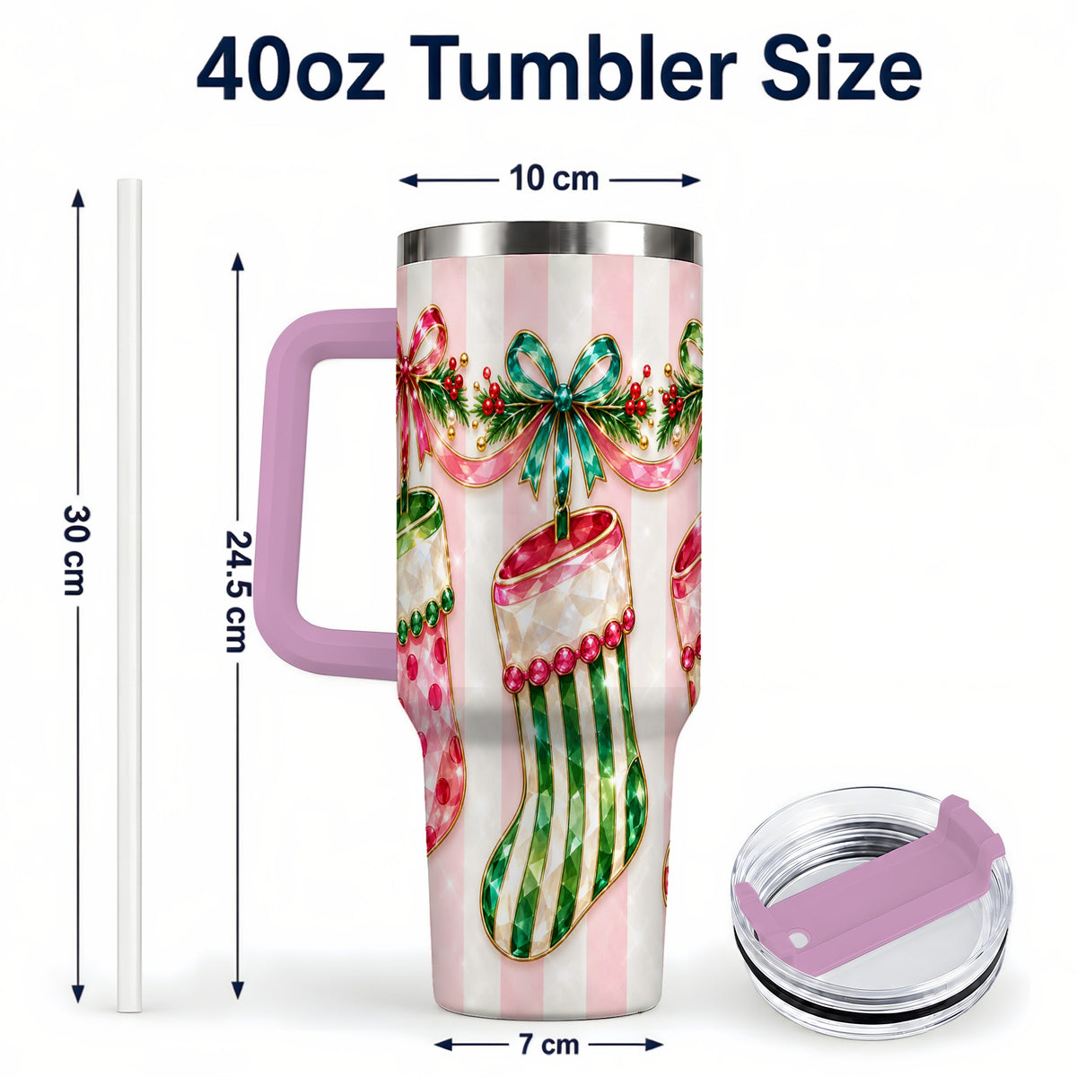#pl[40oz|Pink] Jeweled Stockings 40oz Tumbler with Handle, Christmas Travel Cup