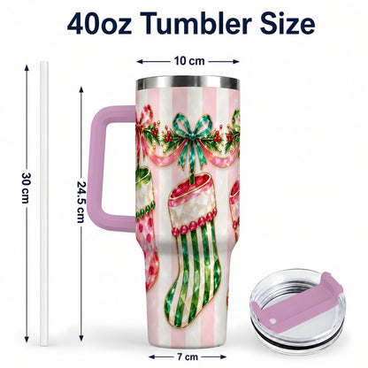 #pl[40oz|Pink] Jeweled Stockings 40oz Tumbler with Handle, Christmas Travel Cup