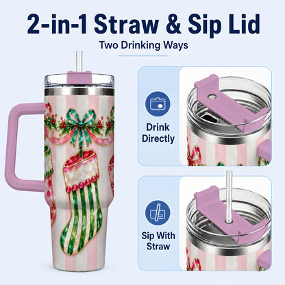 #pl[40oz|Pink] Jeweled Stockings 40oz Tumbler with Handle, Christmas Travel Cup