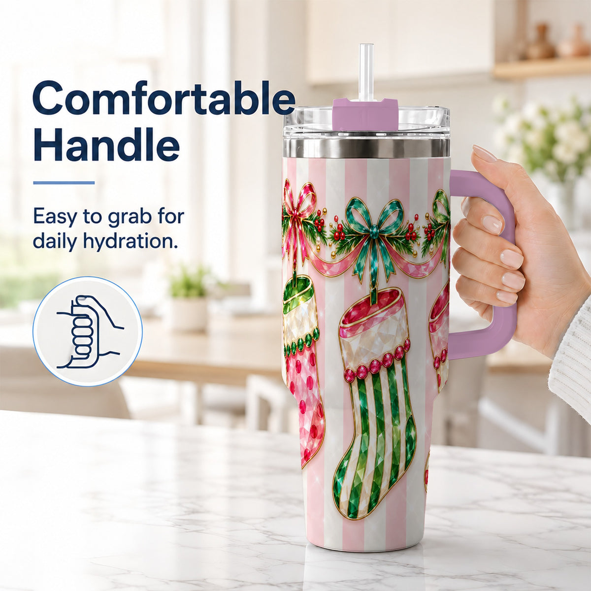 #pl[40oz|Pink] Jeweled Stockings 40oz Tumbler with Handle, Christmas Travel Cup
