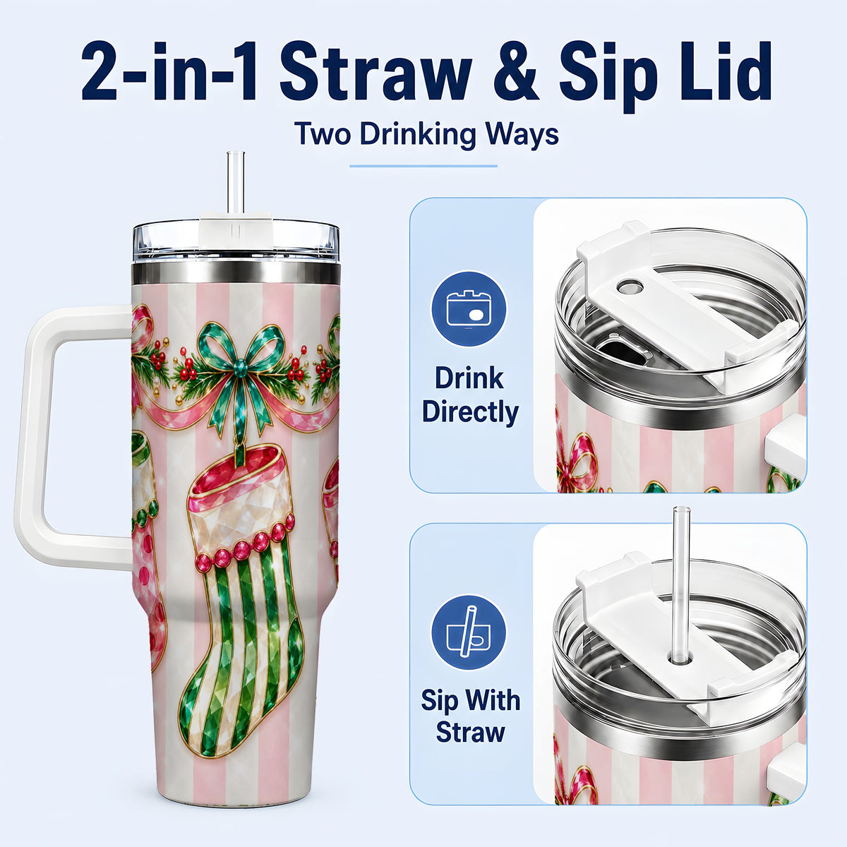 #pl[40oz|White] Jeweled Stockings 40oz Tumbler with Handle, Christmas Travel Cup
