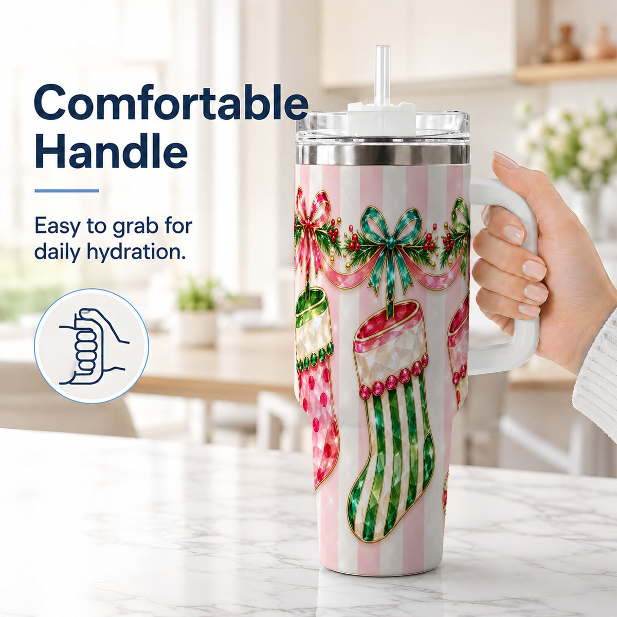 #pl[40oz|White] Jeweled Stockings 40oz Tumbler with Handle, Christmas Travel Cup