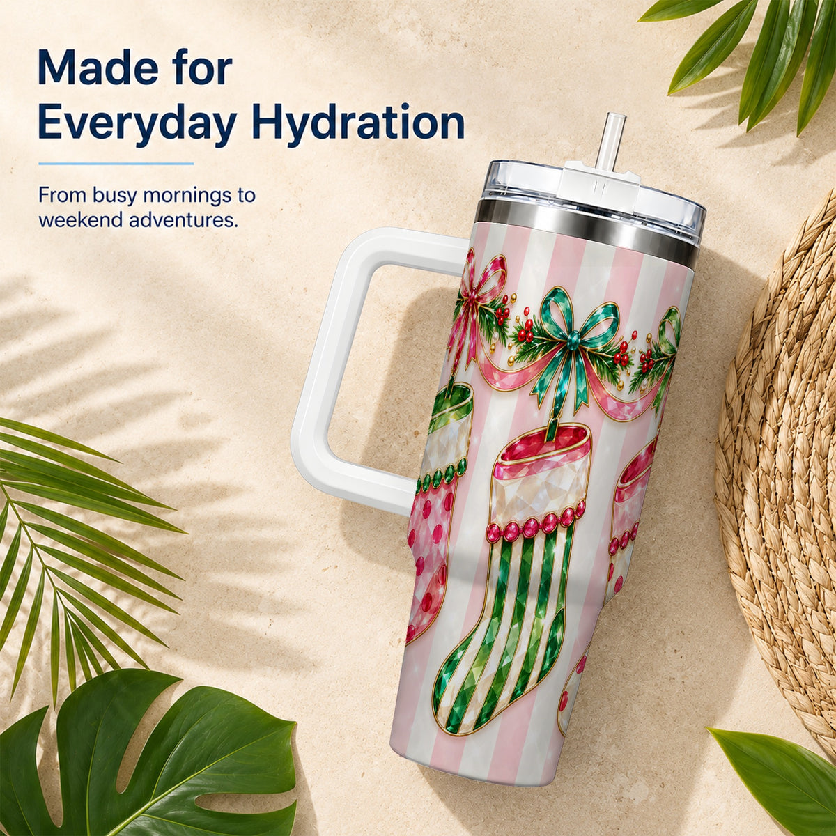 Jeweled Stockings 40oz Tumbler with Handle, Christmas Travel Cup