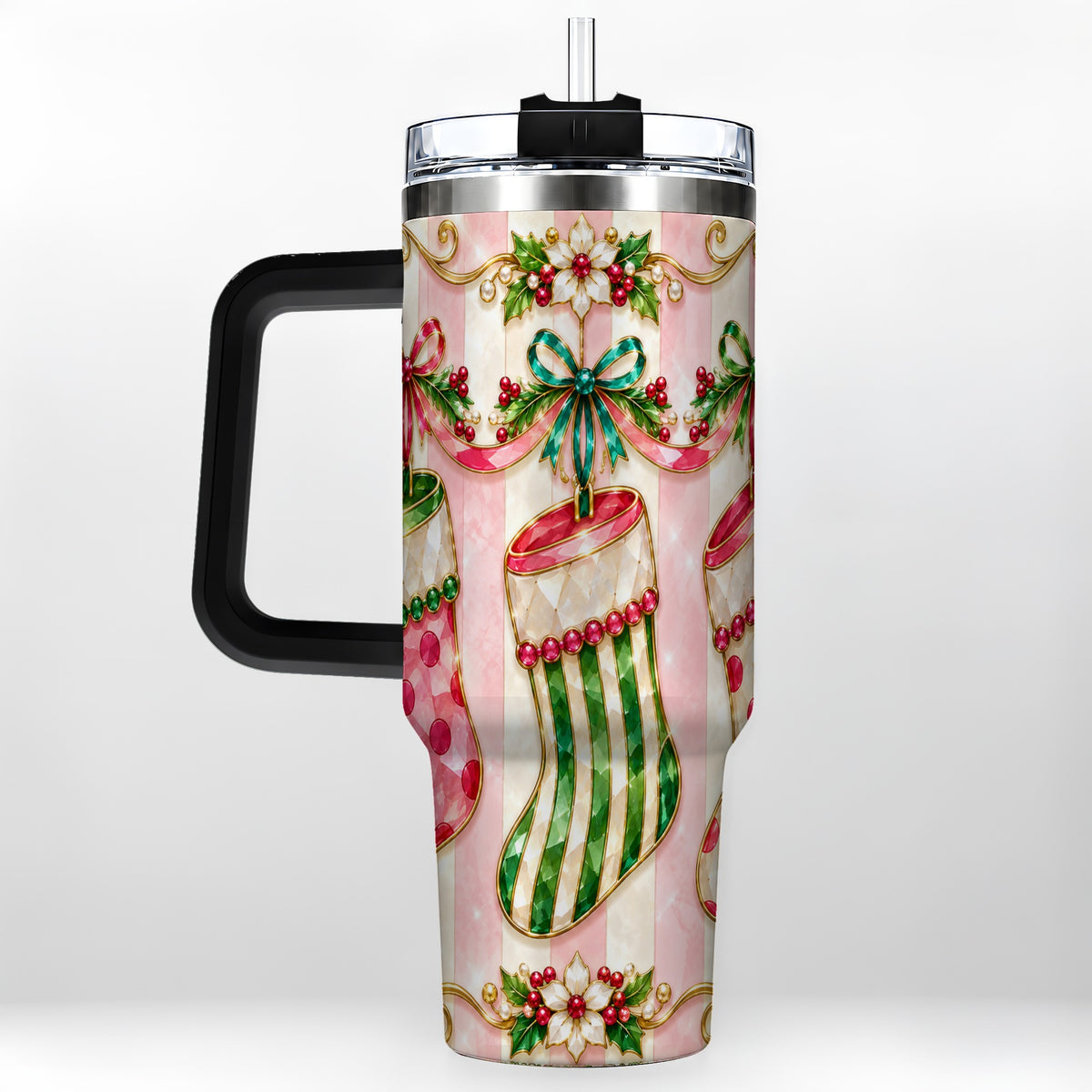 #pl[40oz|Black] Ornate Stockings 40oz Tumbler with Handle, Holiday Travel Cup