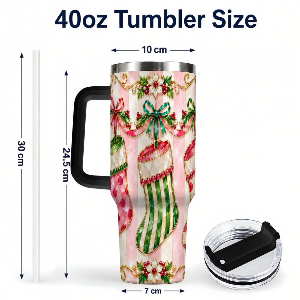 #pl[40oz|Black] Ornate Stockings 40oz Tumbler with Handle, Holiday Travel Cup