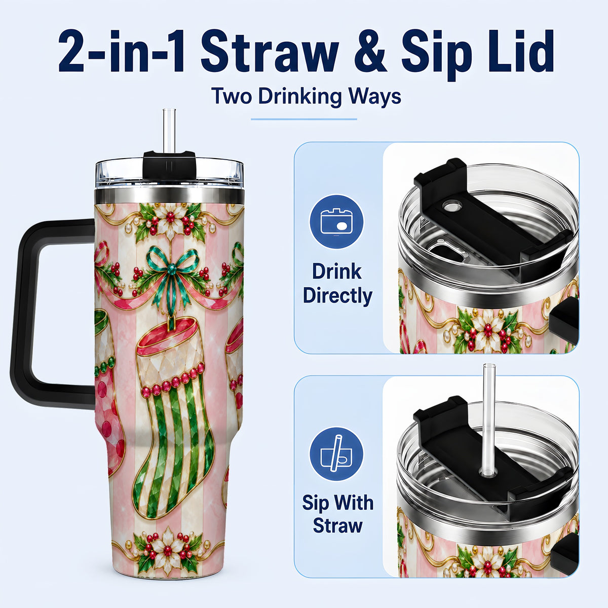 #pl[40oz|Black] Ornate Stockings 40oz Tumbler with Handle, Holiday Travel Cup
