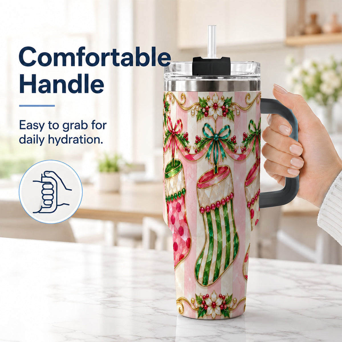 #pl[40oz|Black] Ornate Stockings 40oz Tumbler with Handle, Holiday Travel Cup