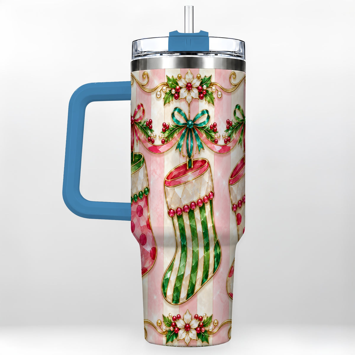 #pl[40oz|Blue] Ornate Stockings 40oz Tumbler with Handle, Holiday Travel Cup