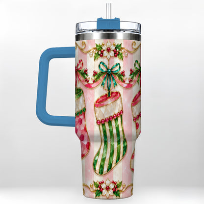 #pl[40oz|Blue] Ornate Stockings 40oz Tumbler with Handle, Holiday Travel Cup