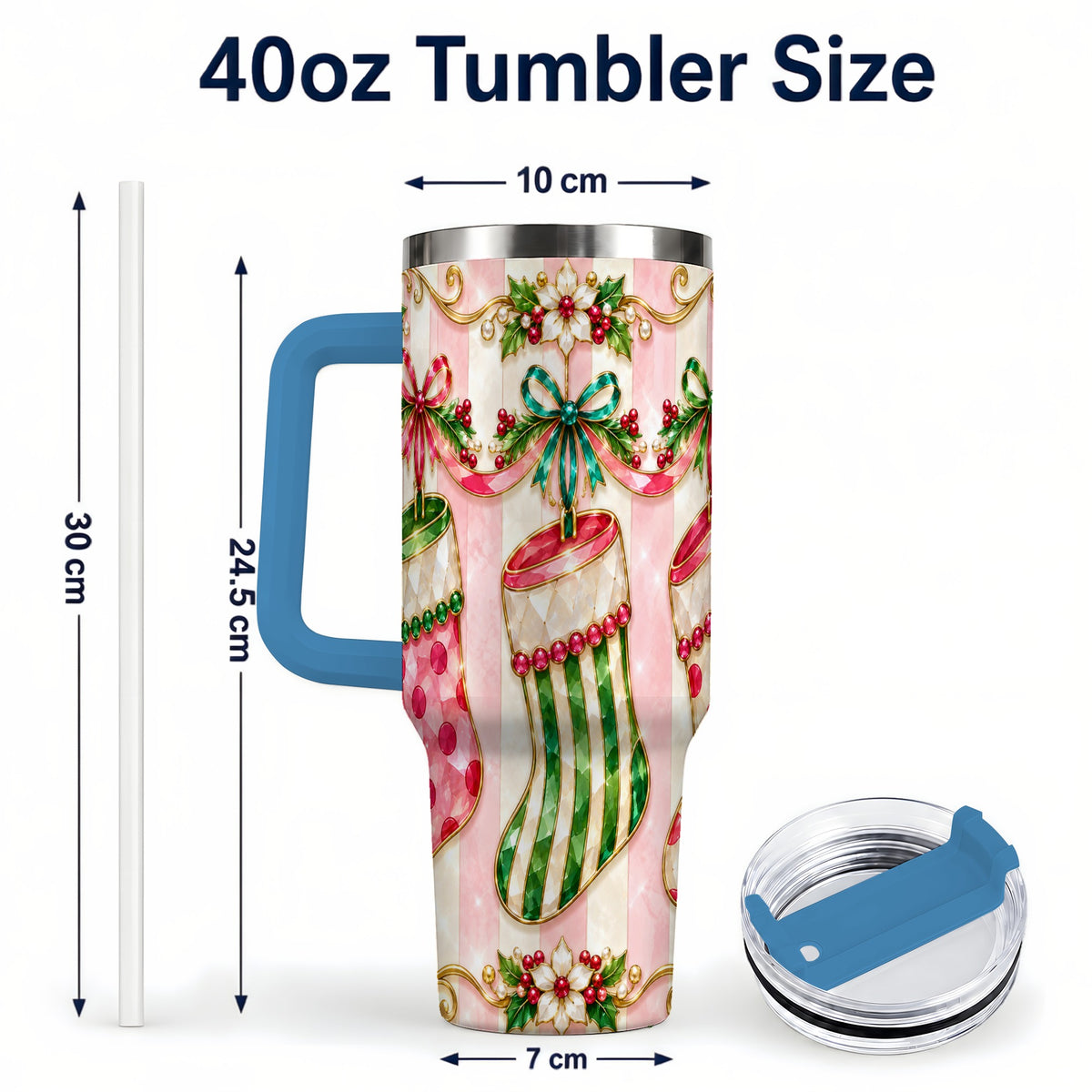 #pl[40oz|Blue] Ornate Stockings 40oz Tumbler with Handle, Holiday Travel Cup