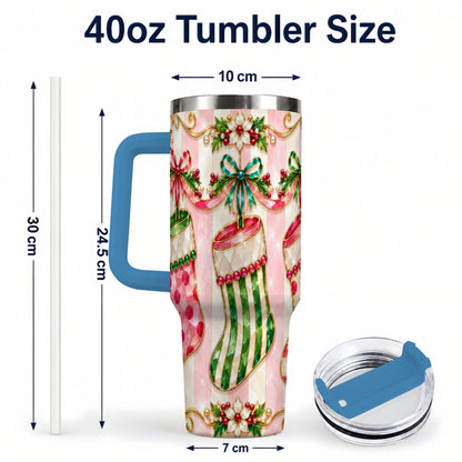 #pl[40oz|Blue] Ornate Stockings 40oz Tumbler with Handle, Holiday Travel Cup