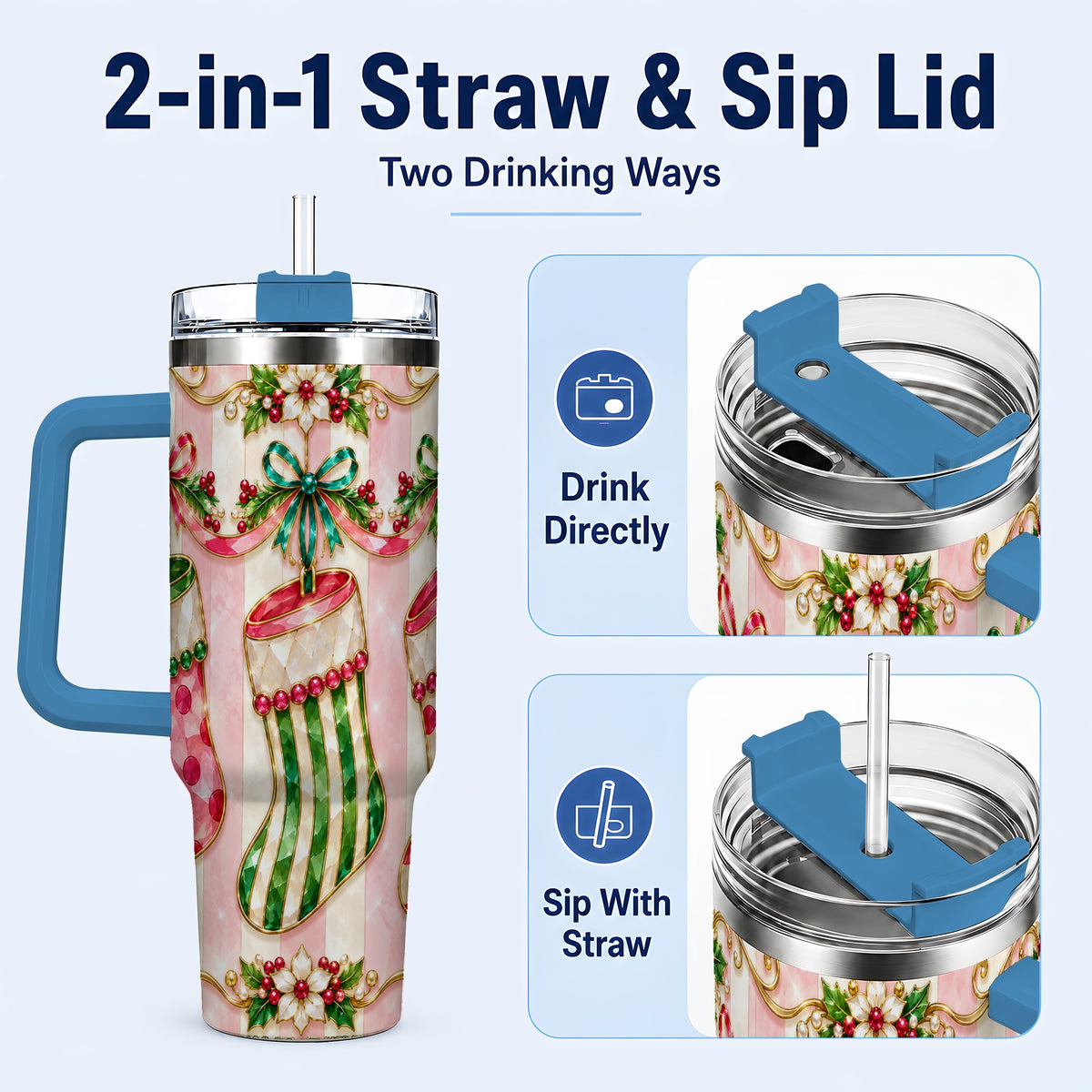 #pl[40oz|Blue] Ornate Stockings 40oz Tumbler with Handle, Holiday Travel Cup
