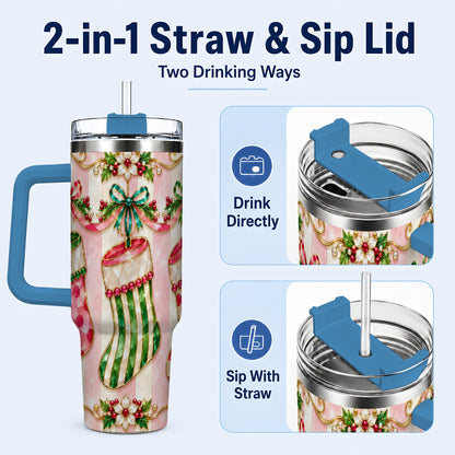#pl[40oz|Blue] Ornate Stockings 40oz Tumbler with Handle, Holiday Travel Cup