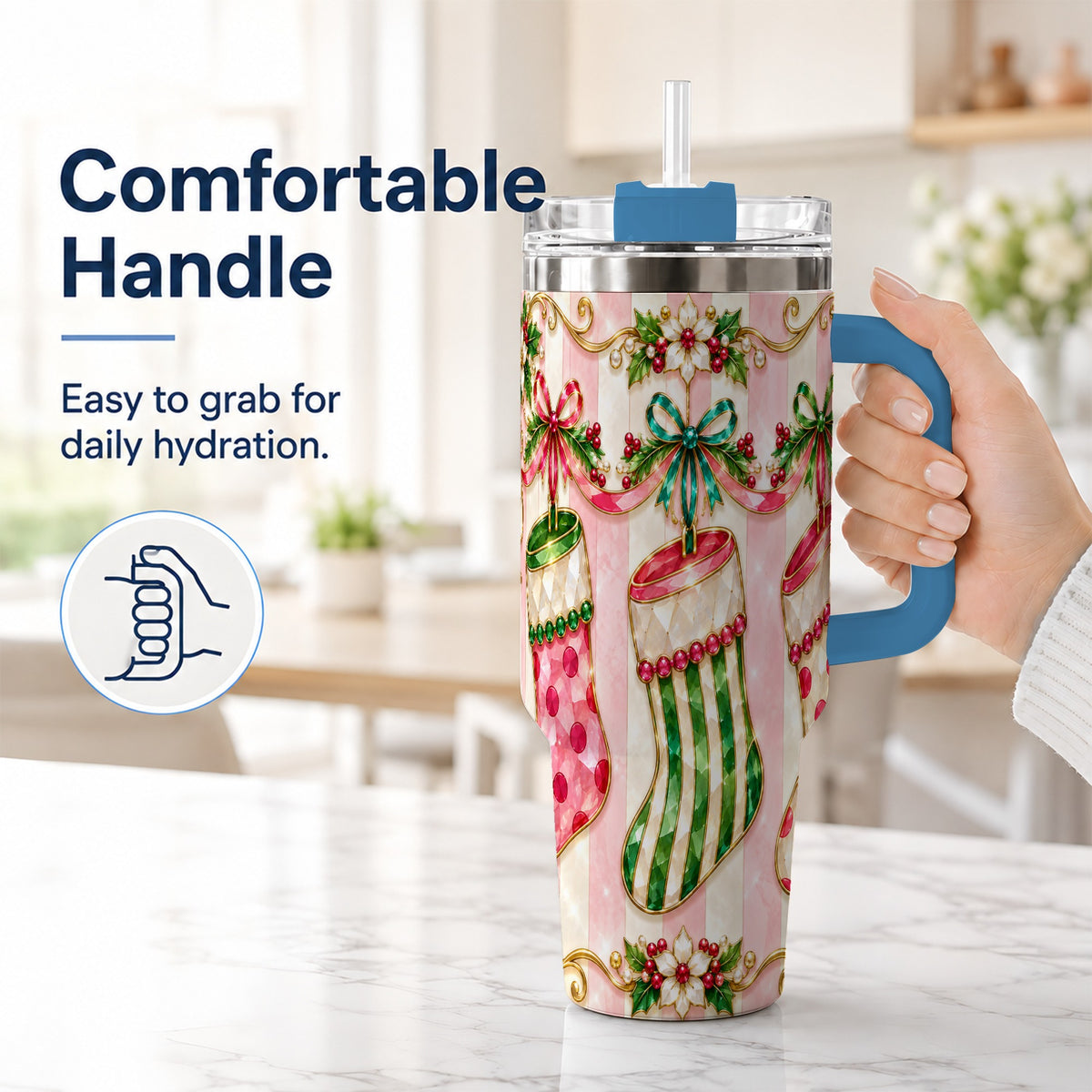 #pl[40oz|Blue] Ornate Stockings 40oz Tumbler with Handle, Holiday Travel Cup