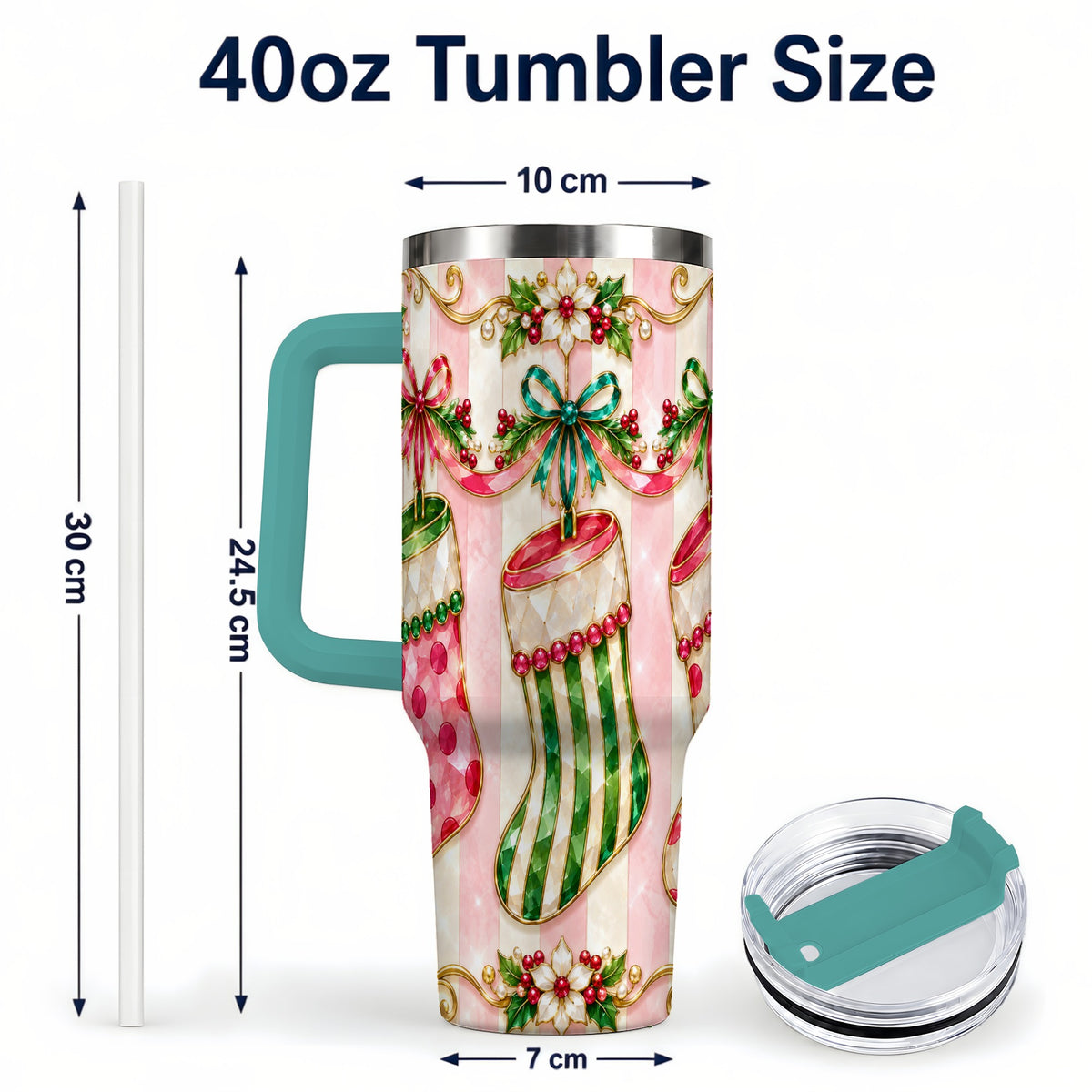 #pl[40oz|Green] Ornate Stockings 40oz Tumbler with Handle, Holiday Travel Cup