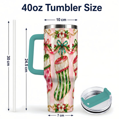 #pl[40oz|Green] Ornate Stockings 40oz Tumbler with Handle, Holiday Travel Cup