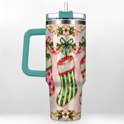 #pl[40oz|Green] Ornate Stockings 40oz Tumbler with Handle, Holiday Travel Cup