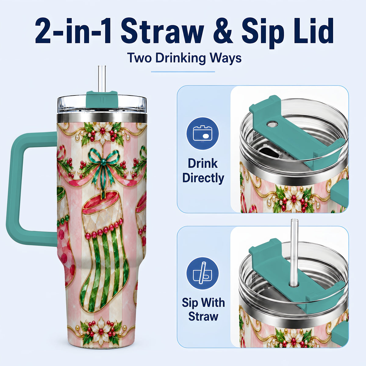 #pl[40oz|Green] Ornate Stockings 40oz Tumbler with Handle, Holiday Travel Cup