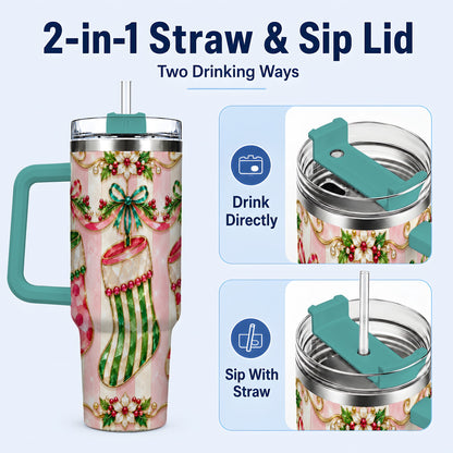 #pl[40oz|Green] Ornate Stockings 40oz Tumbler with Handle, Holiday Travel Cup