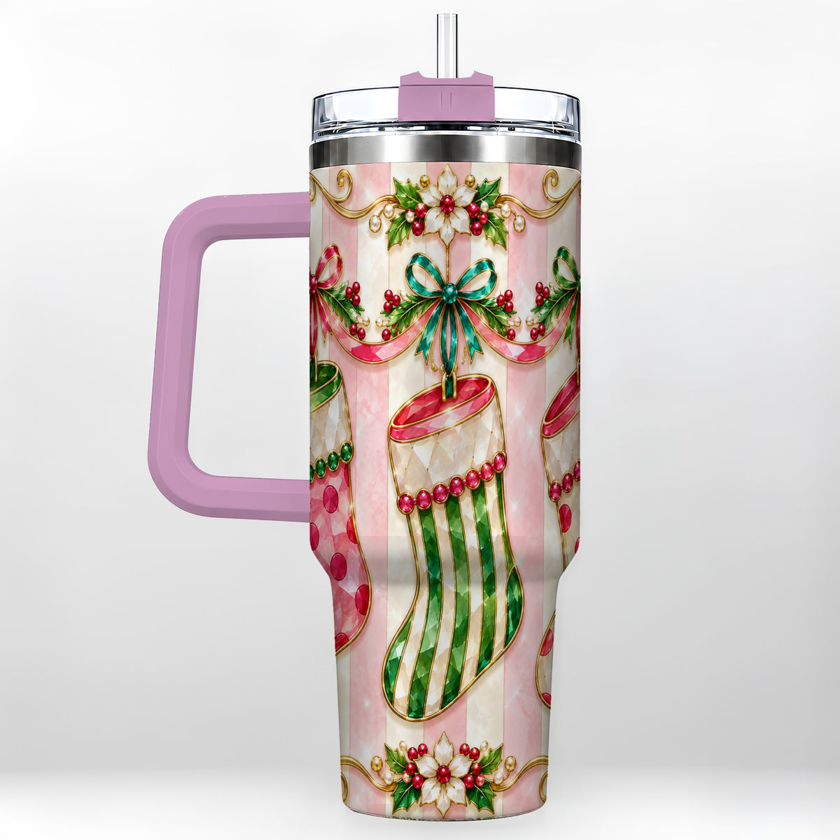 #pl[40oz|Pink] Ornate Stockings 40oz Tumbler with Handle, Holiday Travel Cup