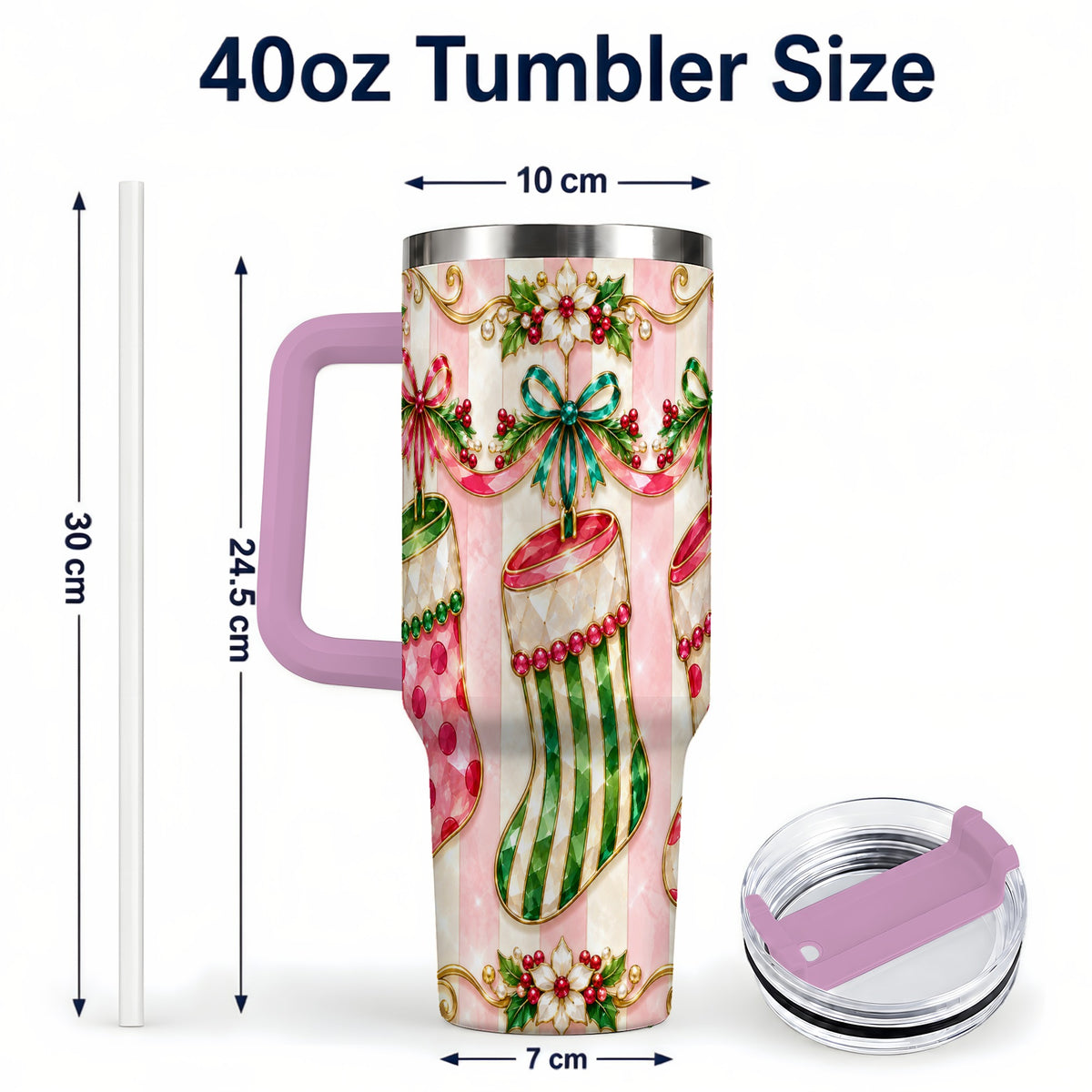 #pl[40oz|Pink] Ornate Stockings 40oz Tumbler with Handle, Holiday Travel Cup