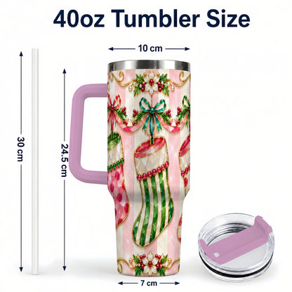 #pl[40oz|Pink] Ornate Stockings 40oz Tumbler with Handle, Holiday Travel Cup