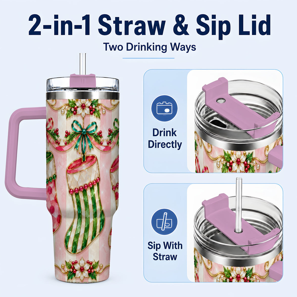 #pl[40oz|Pink] Ornate Stockings 40oz Tumbler with Handle, Holiday Travel Cup