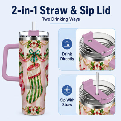 #pl[40oz|Pink] Ornate Stockings 40oz Tumbler with Handle, Holiday Travel Cup