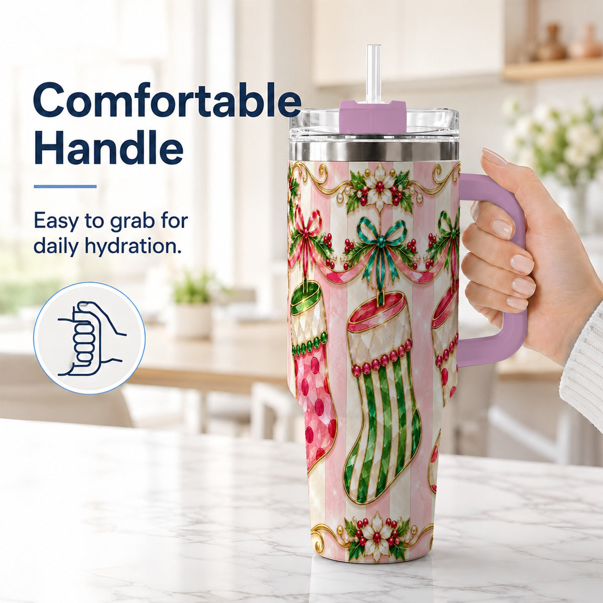 #pl[40oz|Pink] Ornate Stockings 40oz Tumbler with Handle, Holiday Travel Cup