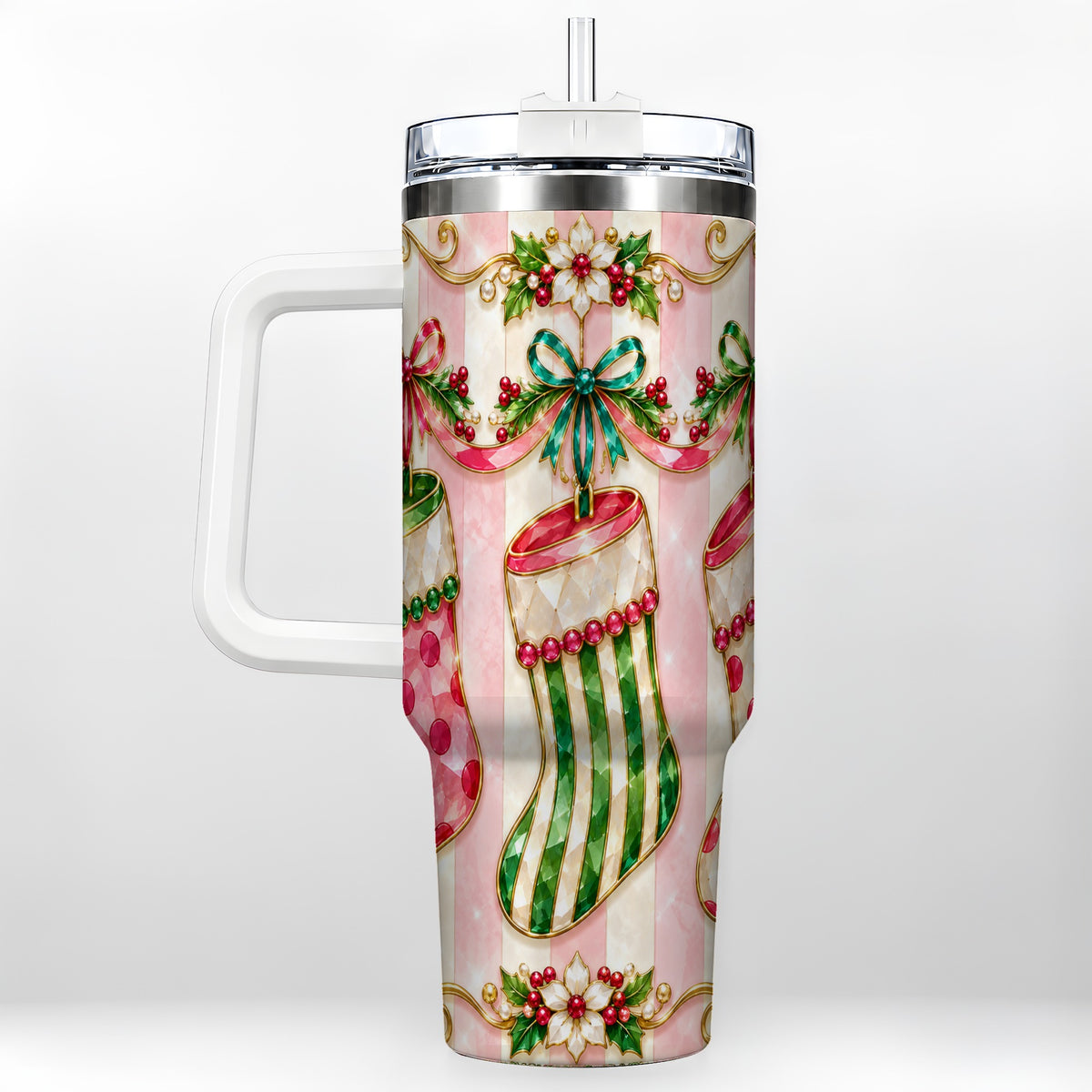 Ornate Stockings 40oz Tumbler with Handle, Holiday Travel Cup