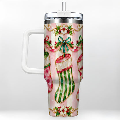 Ornate Stockings 40oz Tumbler with Handle, Holiday Travel Cup