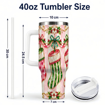 #pl[40oz|White] Ornate Stockings 40oz Tumbler with Handle, Holiday Travel Cup