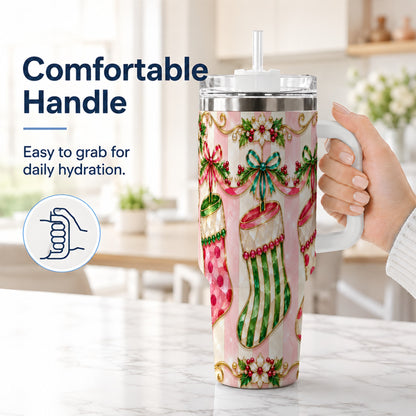 #pl[40oz|White] Ornate Stockings 40oz Tumbler with Handle, Holiday Travel Cup
