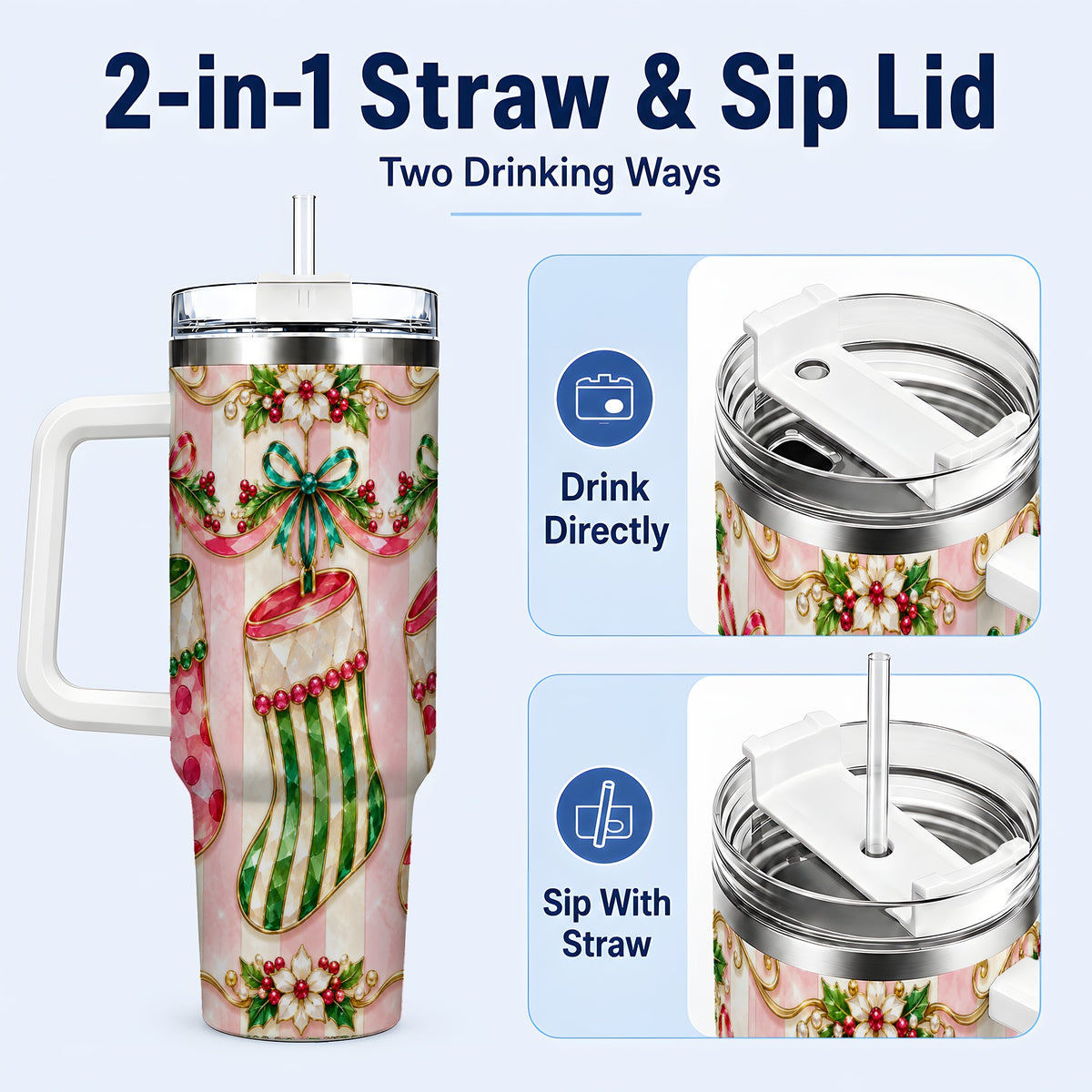 #pl[40oz|White] Ornate Stockings 40oz Tumbler with Handle, Holiday Travel Cup