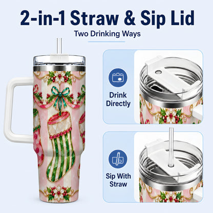#pl[40oz|White] Ornate Stockings 40oz Tumbler with Handle, Holiday Travel Cup