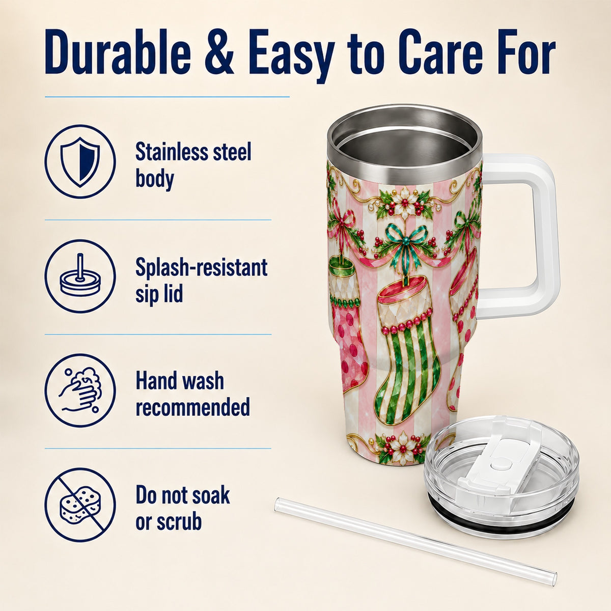 Ornate Stockings 40oz Tumbler with Handle, Holiday Travel Cup