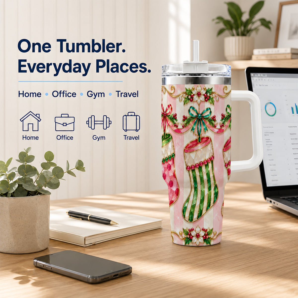 Ornate Stockings 40oz Tumbler with Handle, Holiday Travel Cup