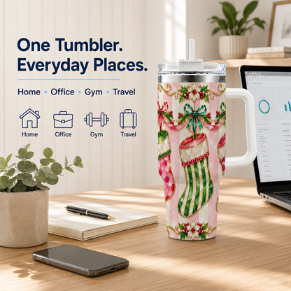 Ornate Stockings 40oz Tumbler with Handle, Holiday Travel Cup