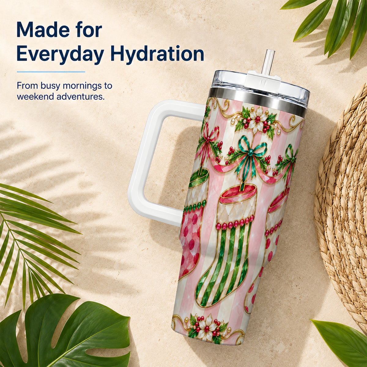 Ornate Stockings 40oz Tumbler with Handle, Holiday Travel Cup