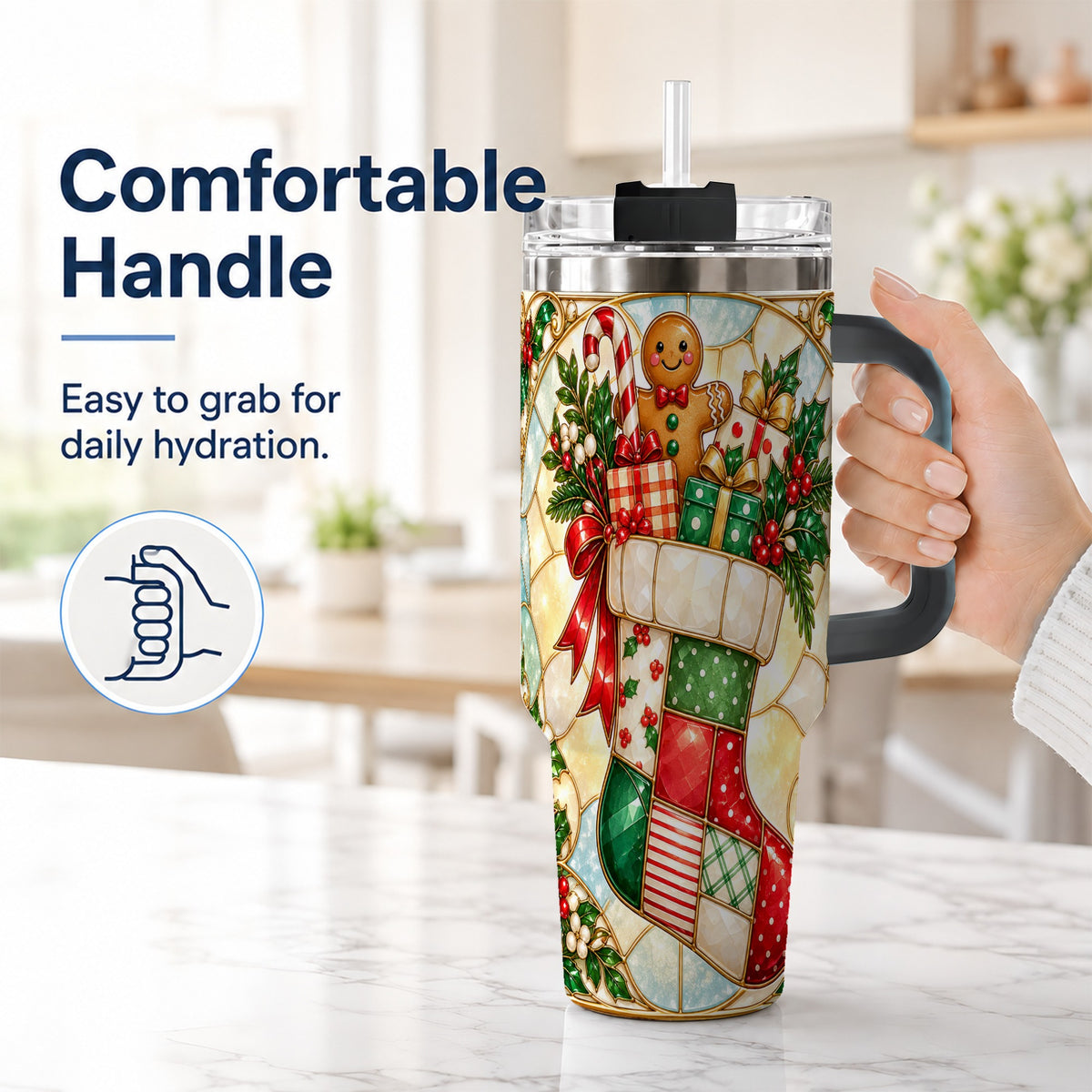 #pl[40oz|Black] Gingerbread Stocking 40oz Tumbler with Handle, Christmas Travel Cup