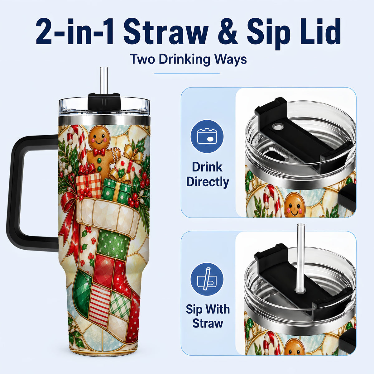 #pl[40oz|Black] Gingerbread Stocking 40oz Tumbler with Handle, Christmas Travel Cup