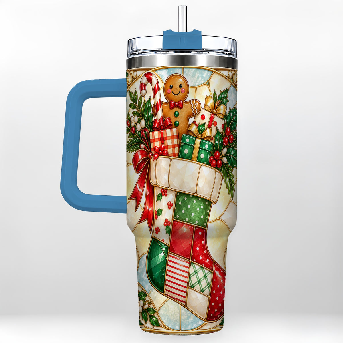#pl[40oz|Blue] Gingerbread Stocking 40oz Tumbler with Handle, Christmas Travel Cup