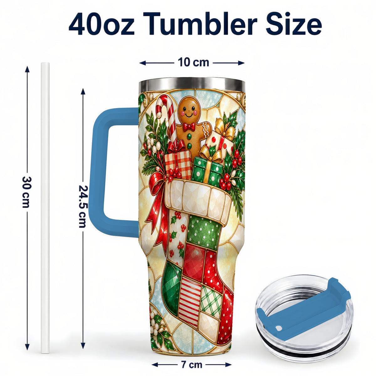 #pl[40oz|Blue] Gingerbread Stocking 40oz Tumbler with Handle, Christmas Travel Cup