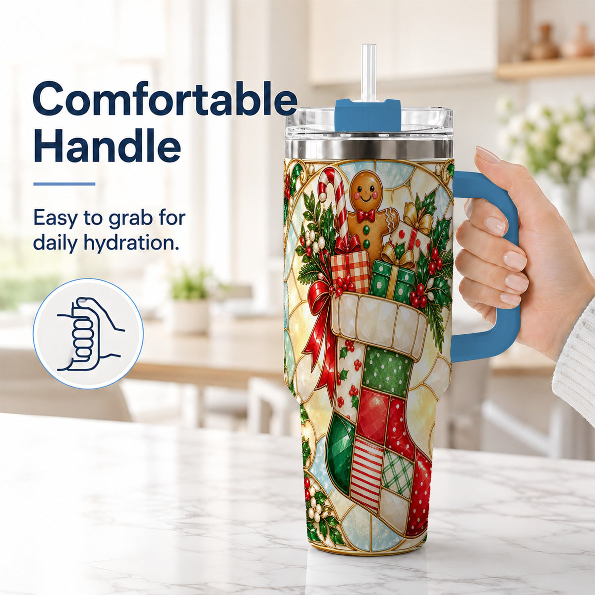 #pl[40oz|Blue] Gingerbread Stocking 40oz Tumbler with Handle, Christmas Travel Cup